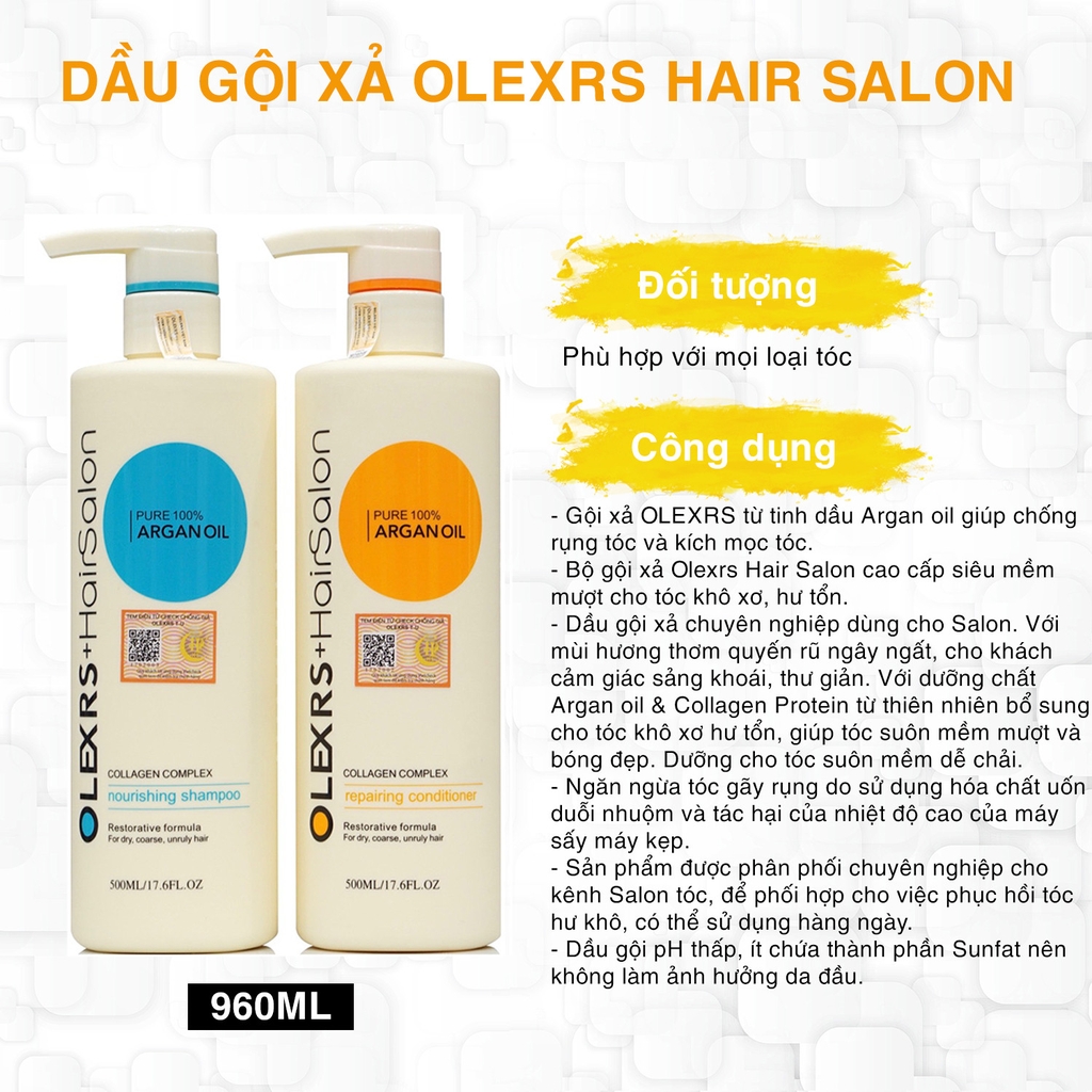 Dầu Gội & Dầu Xả Phục Hồi Tóc Cao Cấp Olexrs HairSalon Argan Oil Collagen Complex 960ml