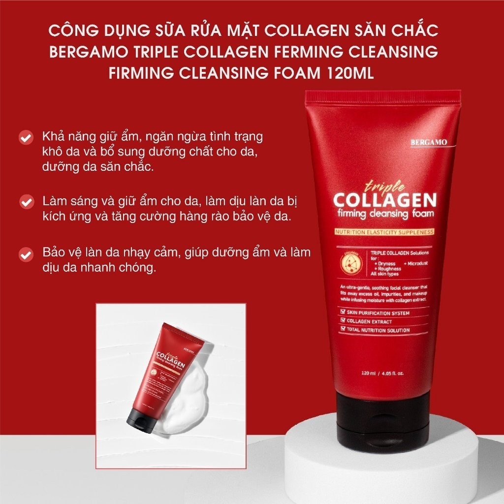 Sữa Rửa Mặt Săn Chắc Bergamo Triple Collagen Cleansing Foam 120ml