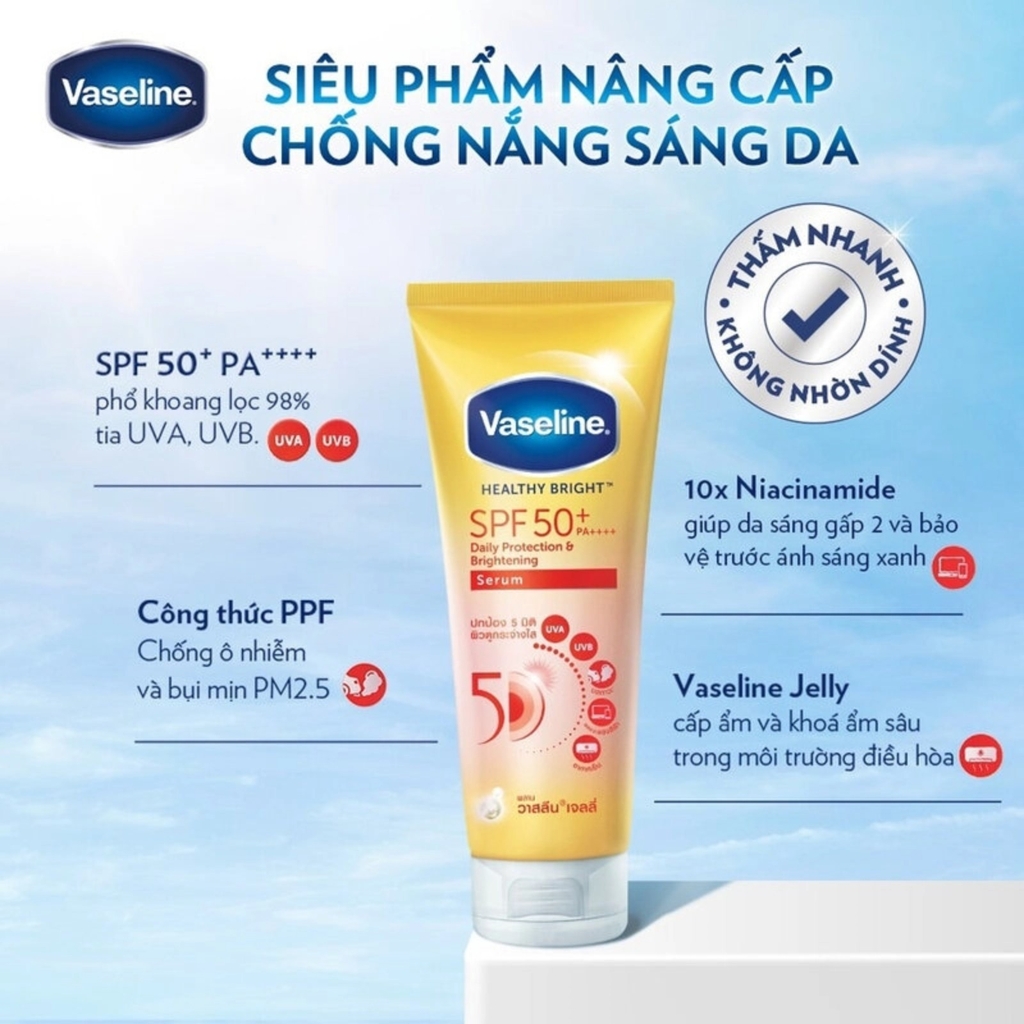 Serum Chống Nắng Cơ Thể Vaseline Dưỡng Sáng Da Healthy Bright Sun + Pollution Protection SPF 50+ PA++++  320ml