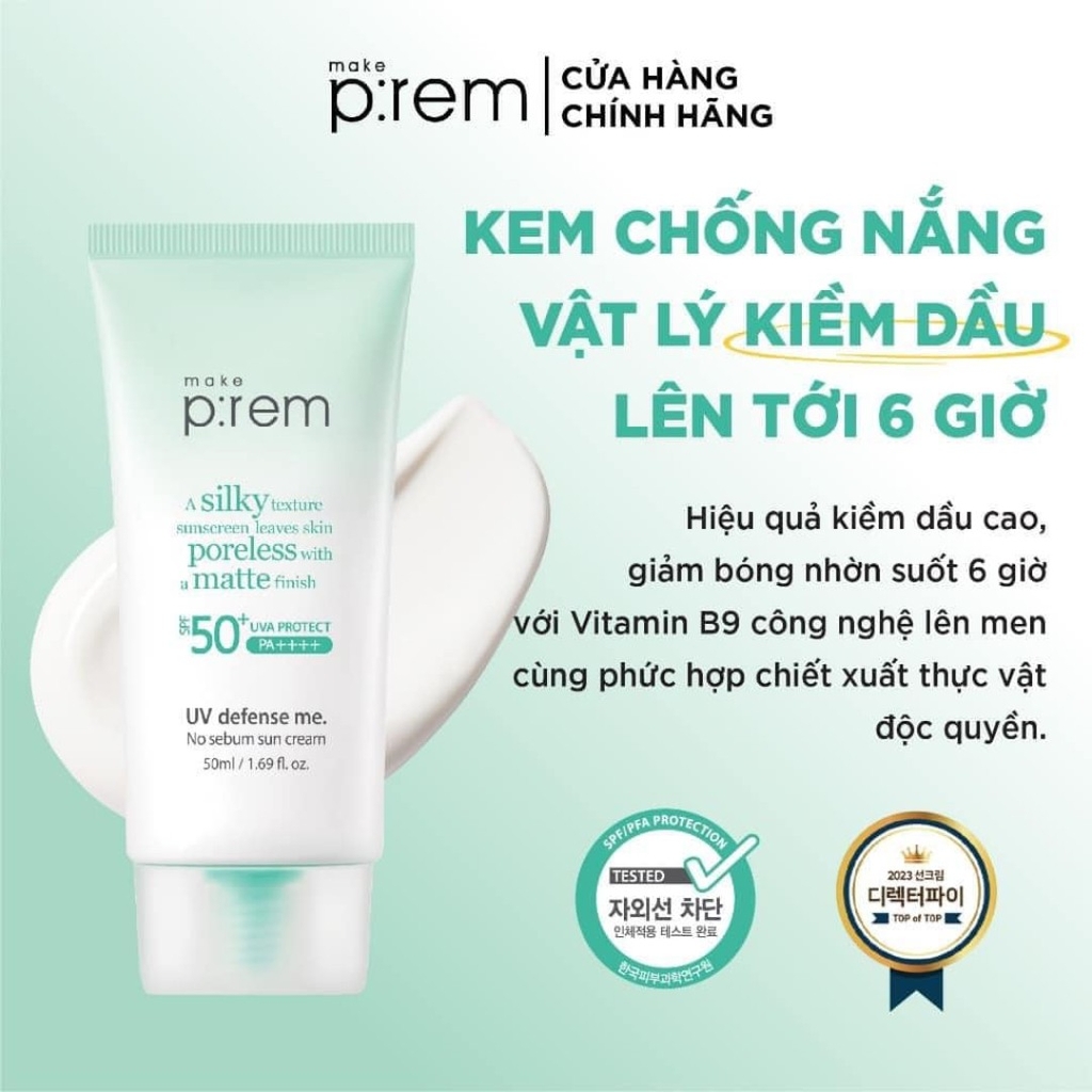 Kem Chống Nắng Nâng Tone, Kiềm Dầu Make Prem UV Defense Me No Sebum Sun Cream SPF50+ PA+++ 50ml
