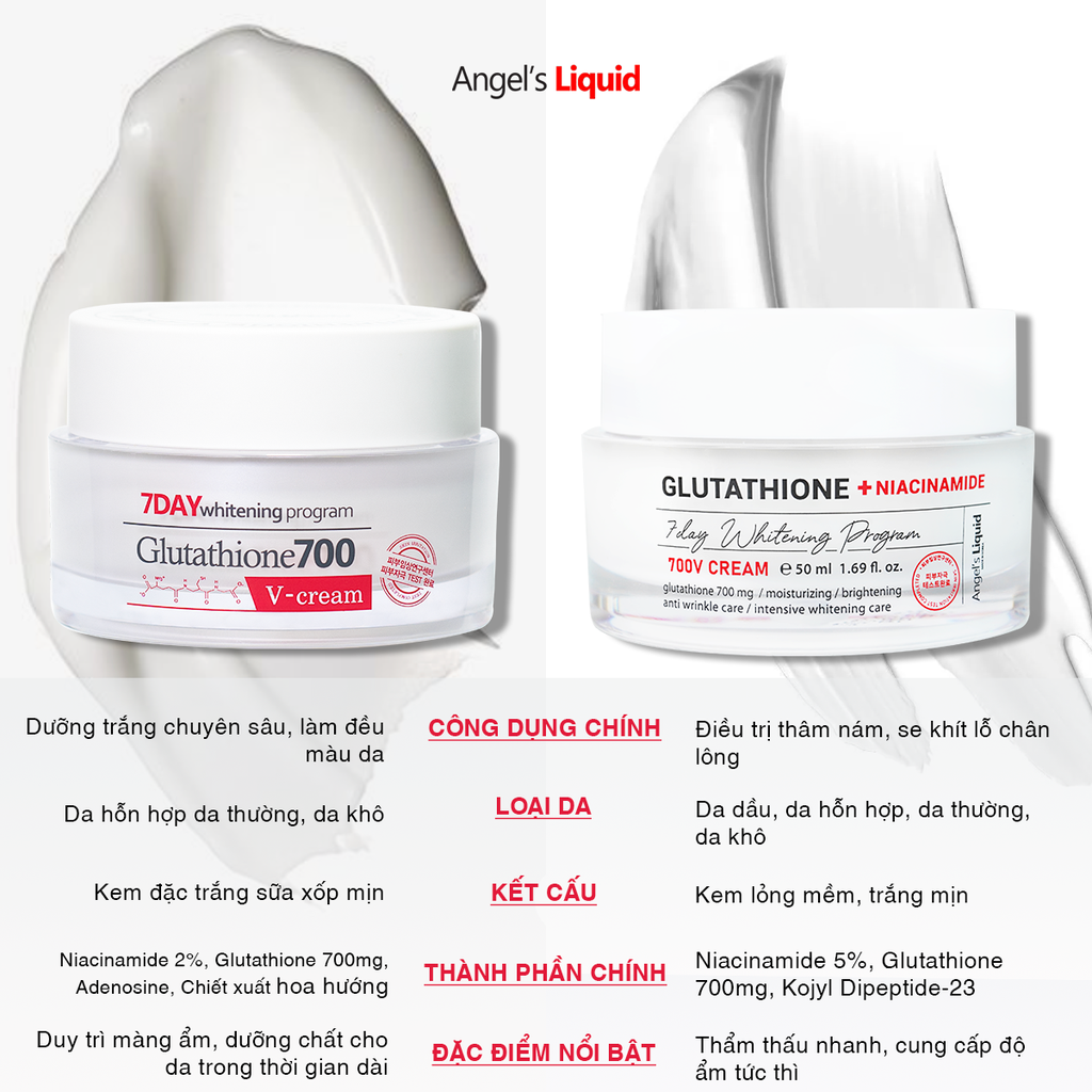 Kem Dưỡng Đặc Trị Nám Truyền Trắng Angel's Liquid Glutathione + Niacinamide 7Day Whitening Program 700 V-Cream 50ml