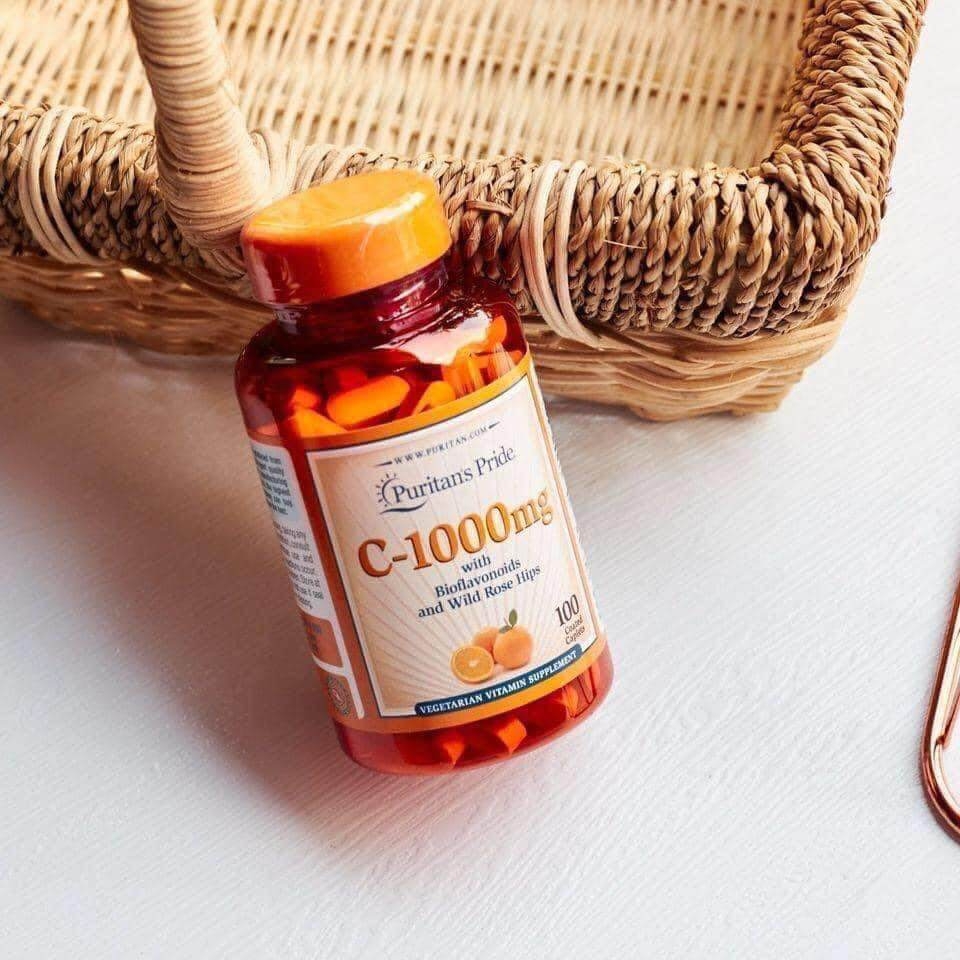 Viên uống đẹp da ngừa lão hóa chống thâm Puritan's Pride Vitamin C 1000mg with bioflavonoids and wild rose hips 100 viên