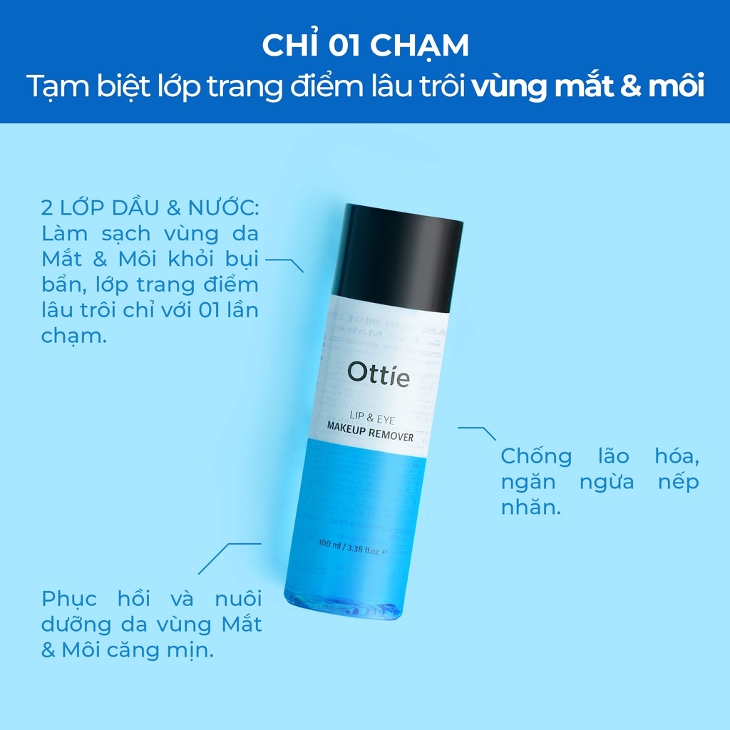 Nước Tẩy Trang Mắt Và Môi 2 Lớp Sạch Sâu Lớp Makeup Ottie Lip＆Eye Makeup Remover 100ml