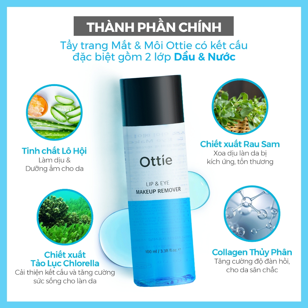 Nước Tẩy Trang Mắt Và Môi 2 Lớp Sạch Sâu Lớp Makeup Ottie Lip＆Eye Makeup Remover 100ml