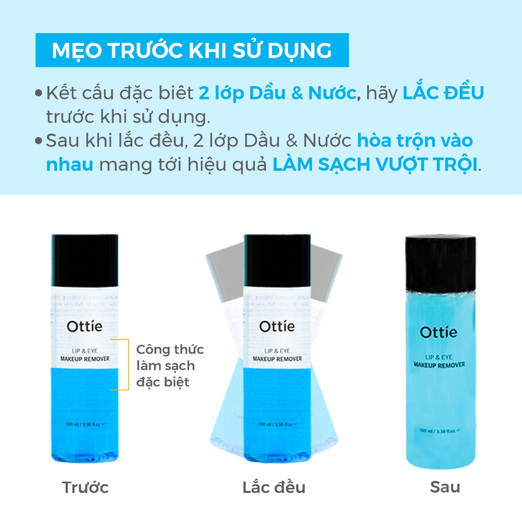 Nước Tẩy Trang Mắt Và Môi 2 Lớp Sạch Sâu Lớp Makeup Ottie Lip＆Eye Makeup Remover 100ml