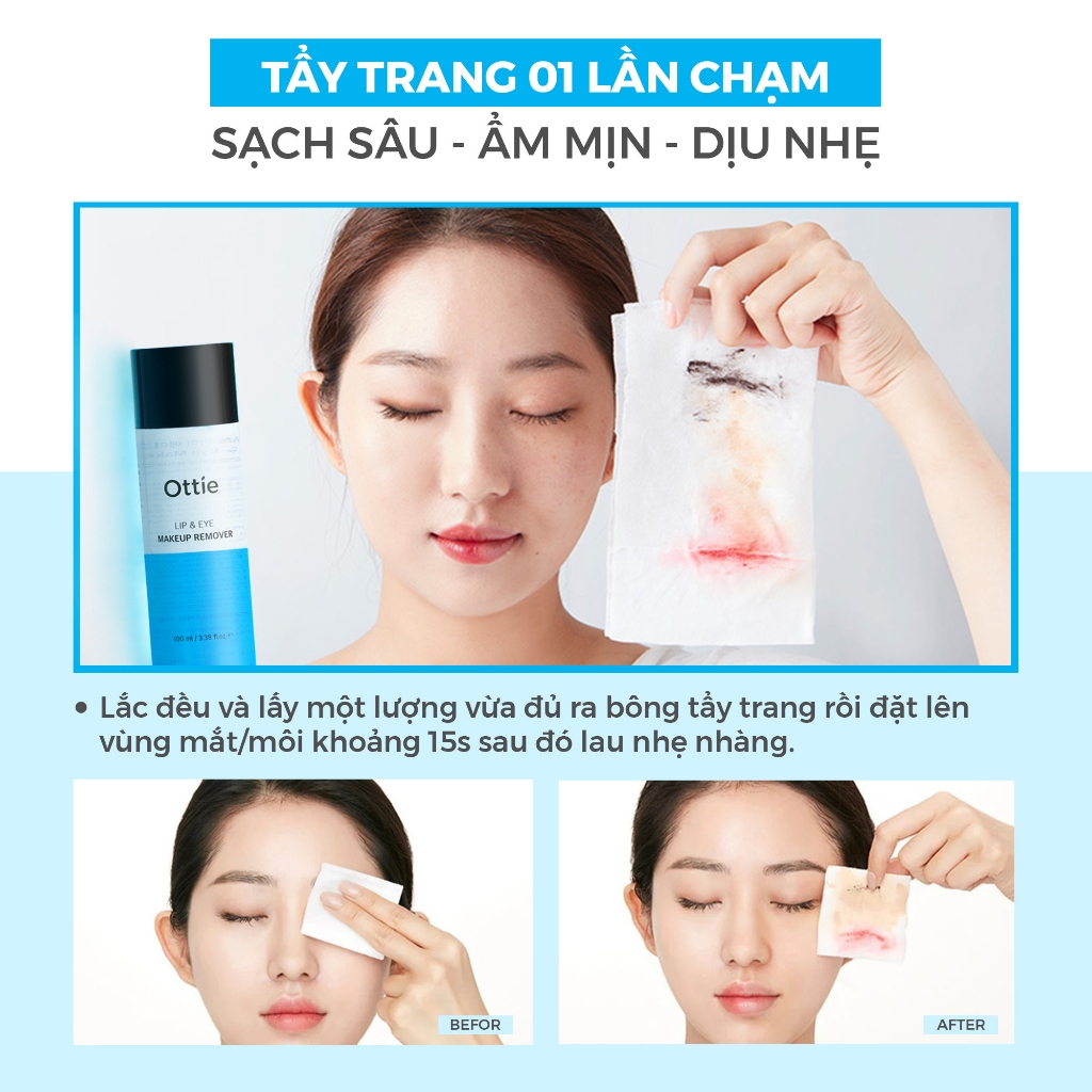 Nước Tẩy Trang Mắt Và Môi 2 Lớp Sạch Sâu Lớp Makeup Ottie Lip＆Eye Makeup Remover 100ml