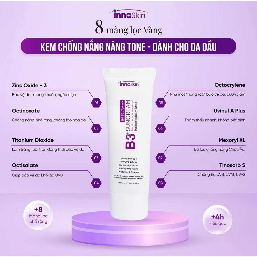 Kem Chống Nắng Nâng Tone Dưỡng Trắng Cho Da Dầu Mụn Innoskin B3 SPF50+ PA++++ 50ml