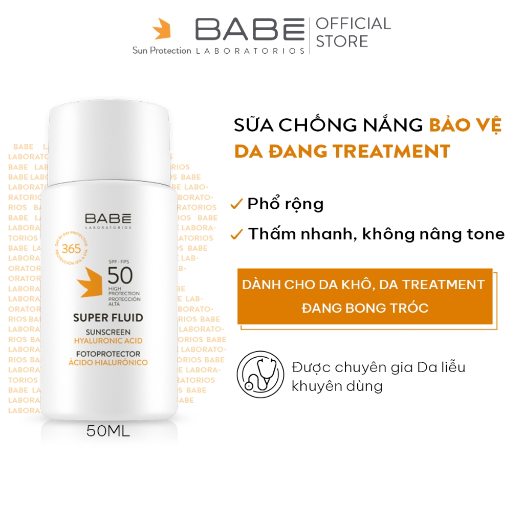 Kem Chống Nắng Phổ Rộng Cho Da Khô BABE Super Fluid Sunscreen Hyaluronic Acid SPF 50+ 50ml