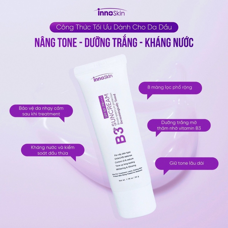 Kem Chống Nắng Nâng Tone Dưỡng Trắng Cho Da Dầu Mụn Innoskin B3 SPF50+ PA++++ 50ml