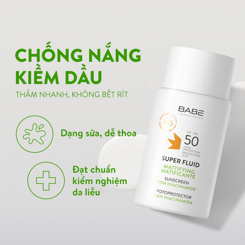 Chống Nắng Cho Da Dầu Mụn BABE Super Fluid Mattifying Sunscreen SPF50 50ml