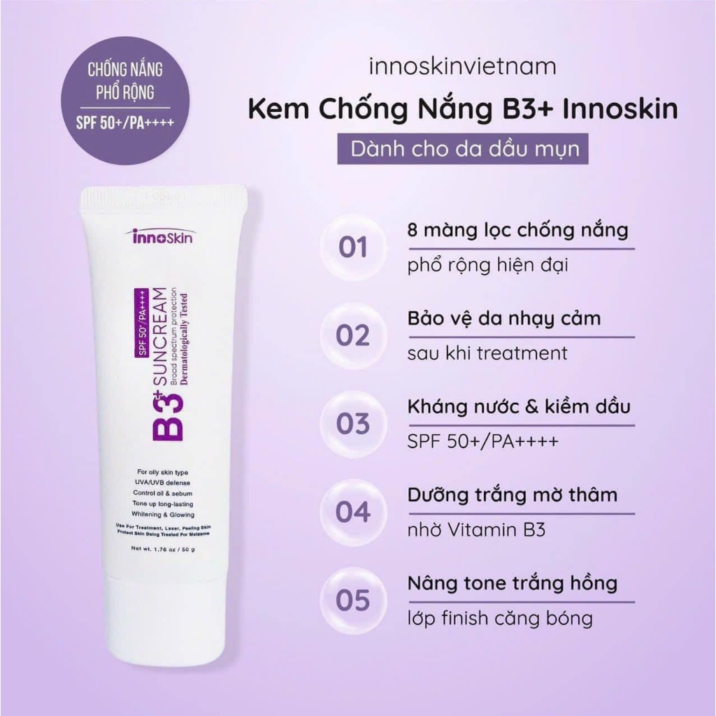 Kem Chống Nắng Nâng Tone Dưỡng Trắng Cho Da Dầu Mụn Innoskin B3 SPF50+ PA++++ 50ml