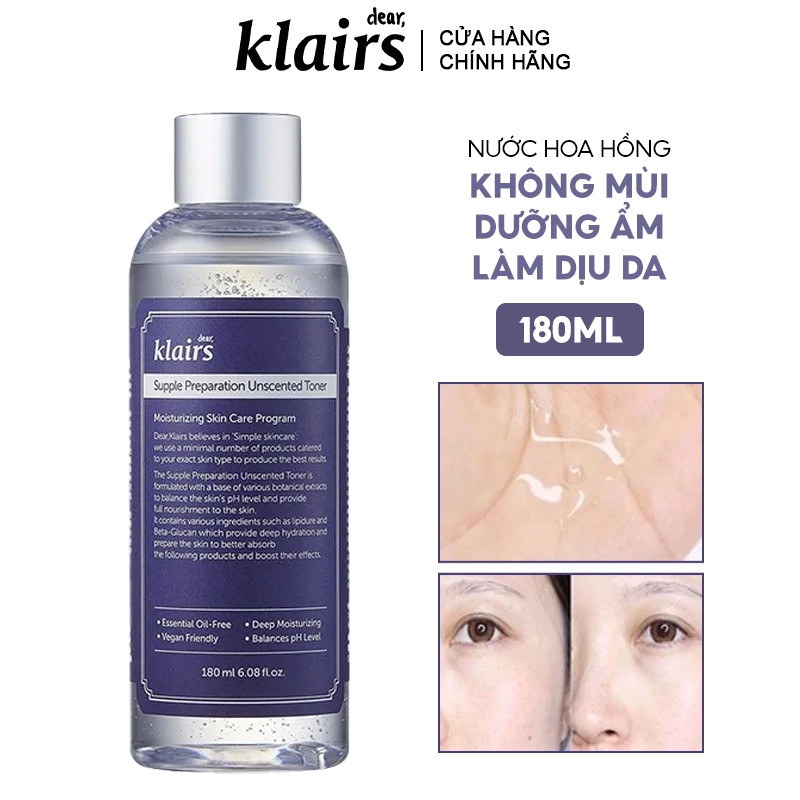 Nước Hoa Hồng Không Mùi Dưỡng Ẩm, Làm Dịu Da Klairs Supple Preparation Unscented Toner 180ml