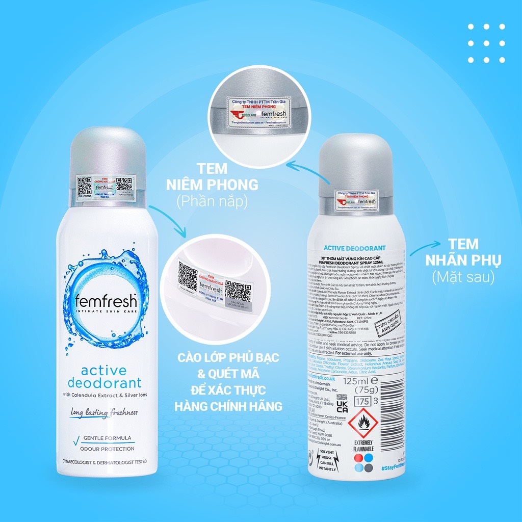 Xịt Thơm Mát Vùng Kín Khử Mùi, Lưu Hương 12H Femfresh Ultimate Care Active Deodorant Spray 125ml