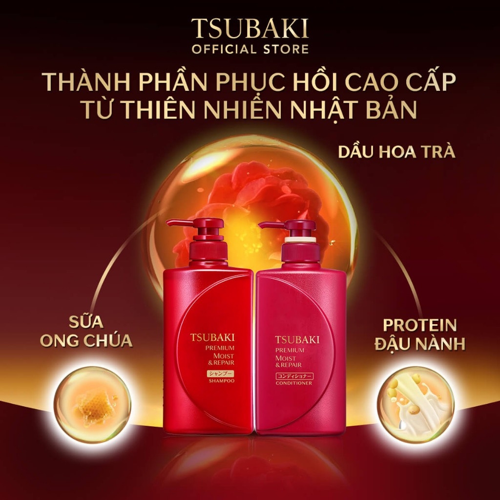 Bộ Gội Xả Bóng Mượt, Giảm Khô Xơ Rối Tsubaki Premium Moist 490ml