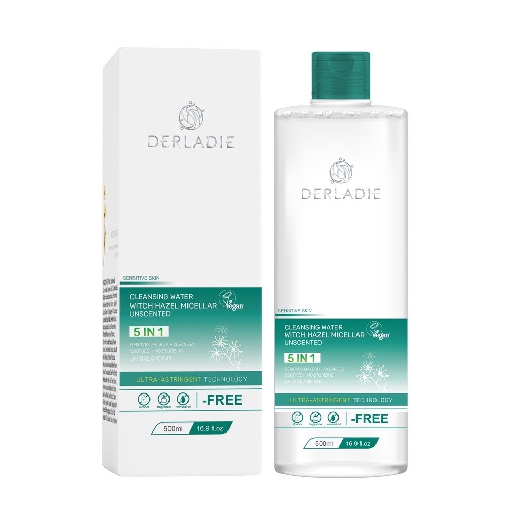[MUA 1 TẶNG 1] Tẩy Trang Thuần Chay Sạch Dịu Êm Cho Da Dầu Mụn Derladie Cleansing Water Witch Hazel Micellar Unsented 500ML