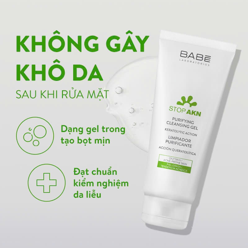 Sữa Rửa Mặt Ngăn Ngừa Mụn Babe Stop AKN Purifying Cleansing Gel 200ml