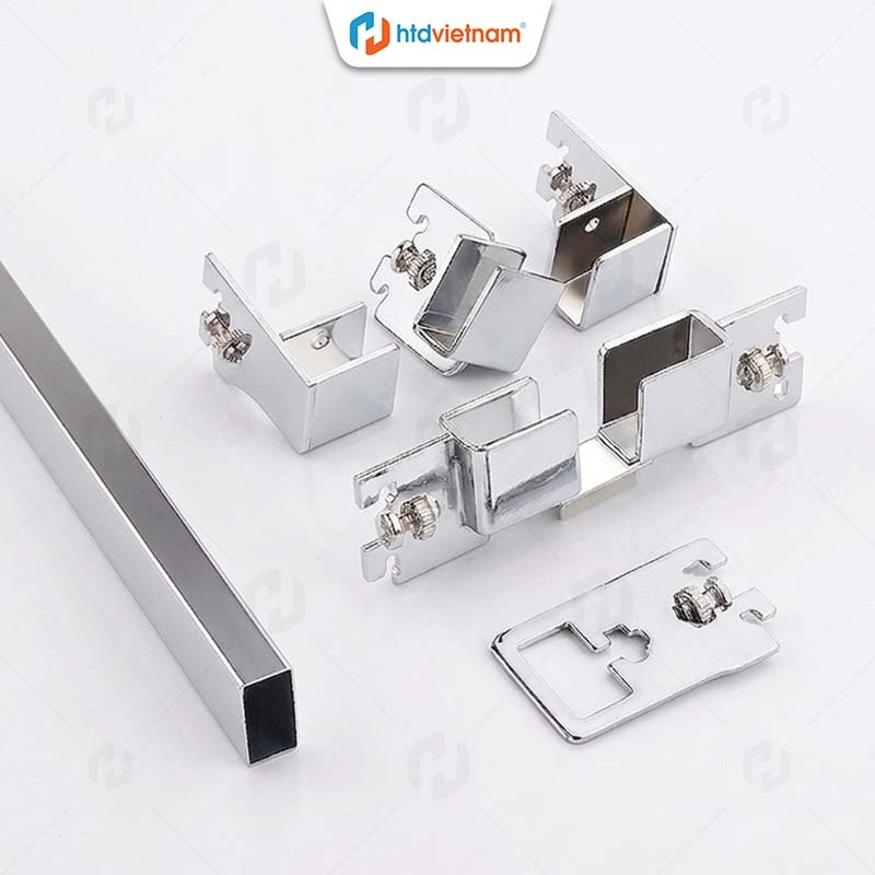 Các loại cốc đỡ và phụ kiện kết nối thanh inox hộp treo hàng siêu thị
