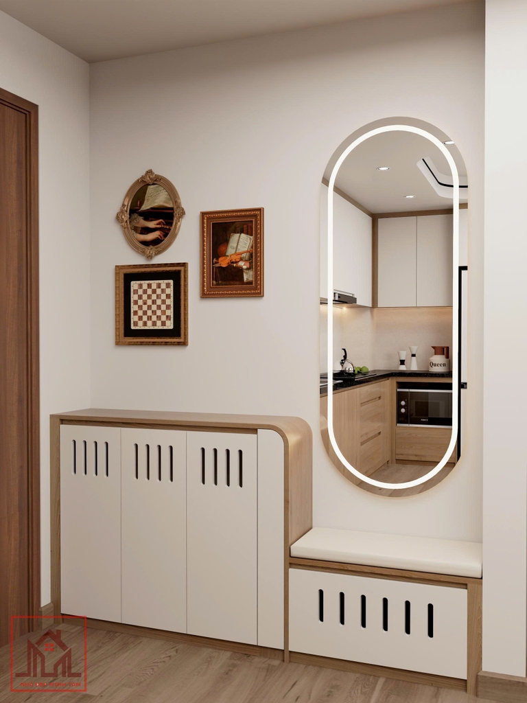 Khu vực thay giày được tích hợp tủ lưu trữ, ghế ngồi và gương.
