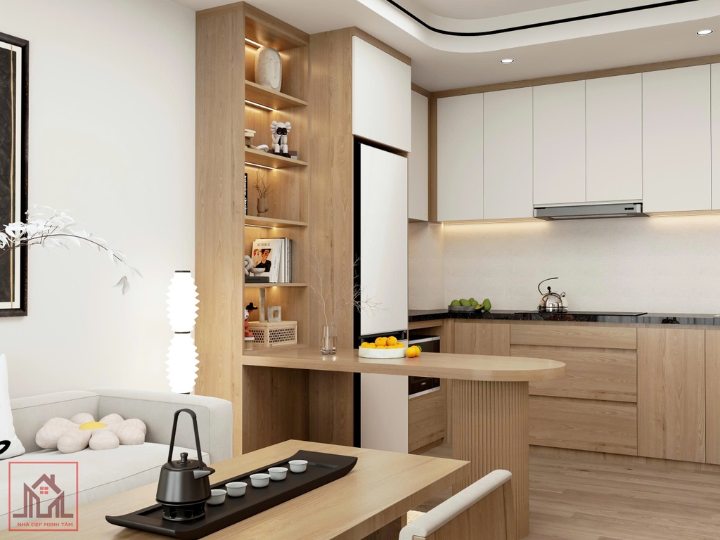 Khu bếp và phòng khách được kết nối bằng hệ bàn chuyển tiếp.