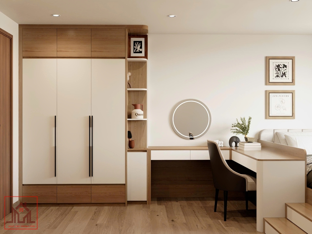 Tủ quần áo được kết hợp cùng bàn làm việc để tối ưu diện tích.