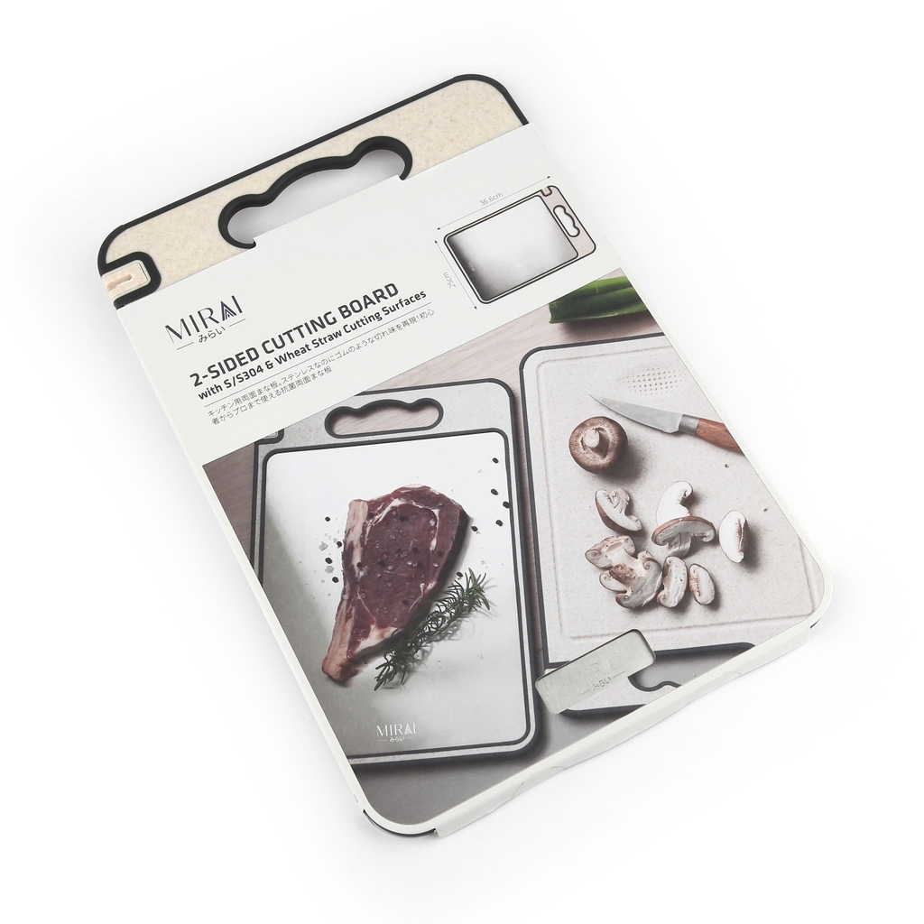 Thớt 2 mặt inox 304 và nhựa lúa mạch PP kháng khuẩn Mirai 25x36cm