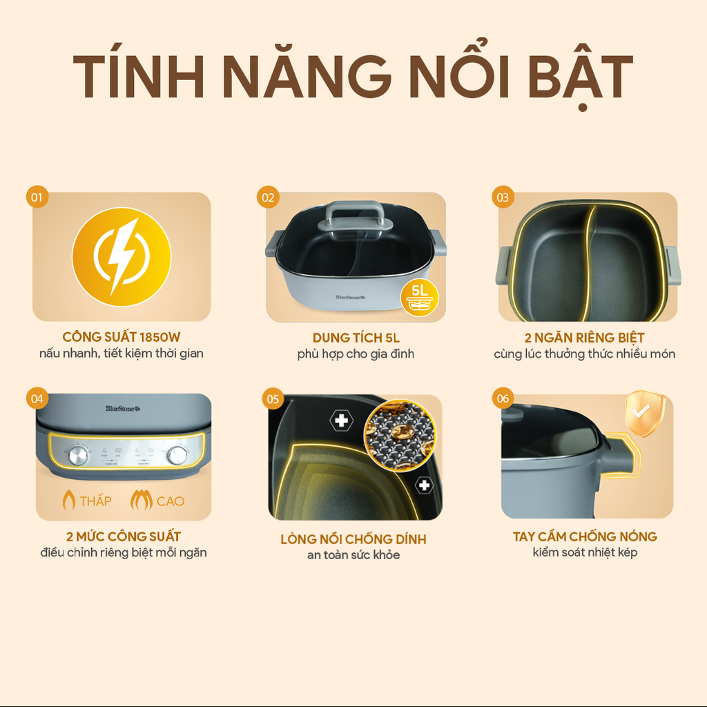 Nồi lẩu điện 2 ngăn đa năng Bluestone 5L MPB7257