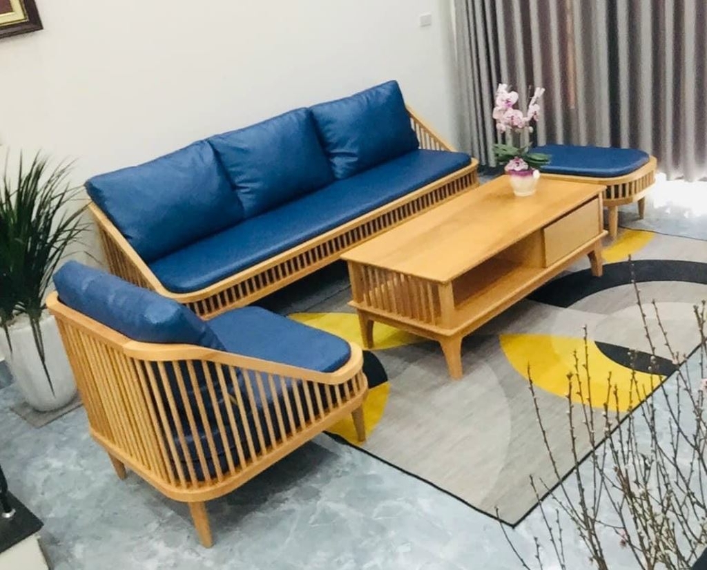 Bộ đôi Sofa gỗ decor bọc nỉ sang trọng cho phòng khách