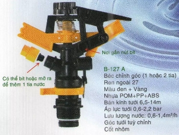 Béc tưới chỉnh góc BB127 A 2 tia RN27