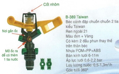 Béc tưới BB 389 Taiwan cánh đập 2 tia RN21