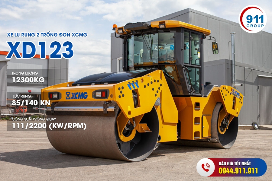 Xe lu rung 2 trống đơn XCMG tải trọng 12,3 Tấn. Model: XD123