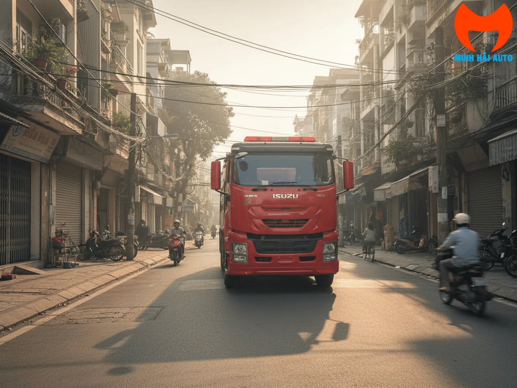 Ảnh minh họa xe chữa cháy Isuzu GIGA 16 khối màu đỏ trên đường phố