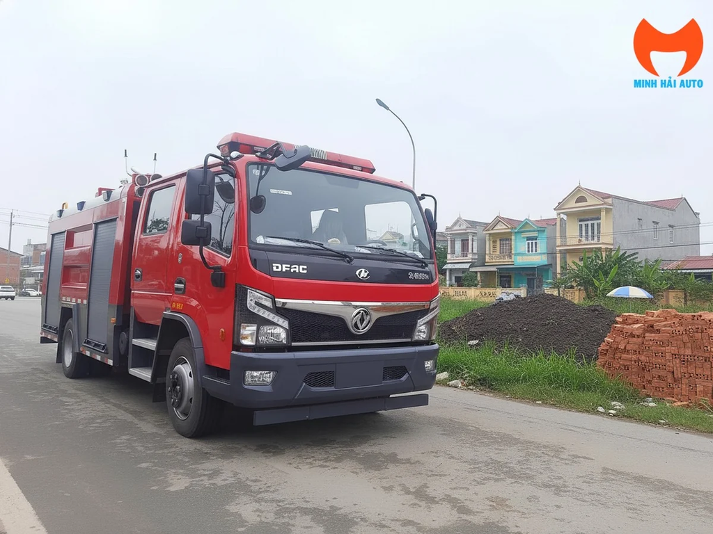 Xe chữa cháy Dongfeng 5 khối cabin đơn màu đỏ nhìn góc ba phần tư phía trước