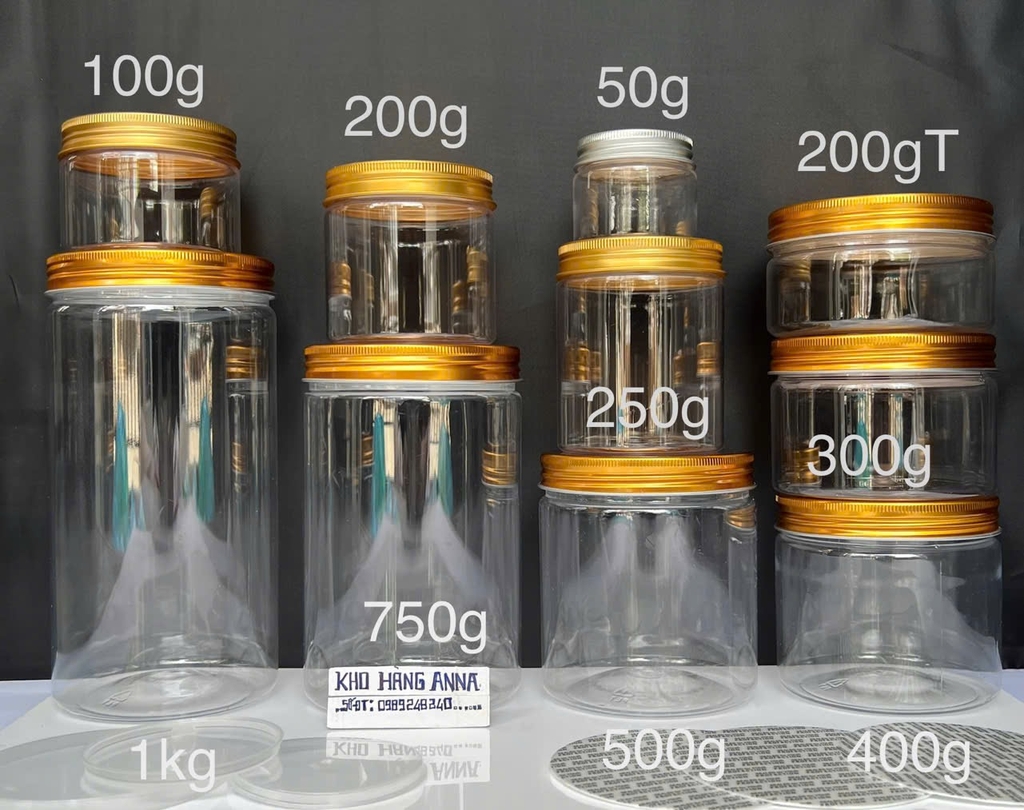 HỘP NHỰA NHÔM VÀNG ĐẬM có seal lót tự dính - HỦ PET TRONG 1kg 750g 500g 400g 300g 250g  200g 100g 50g 