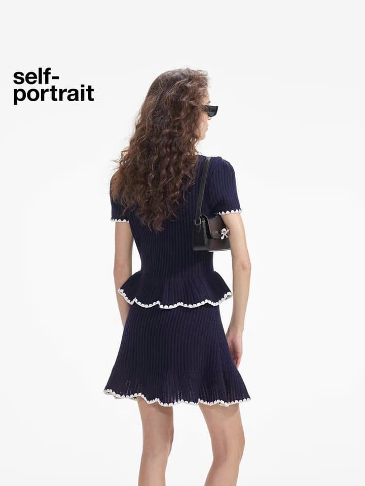 Váy len móc Self- Portrait màu navy dáng peplum ngắn