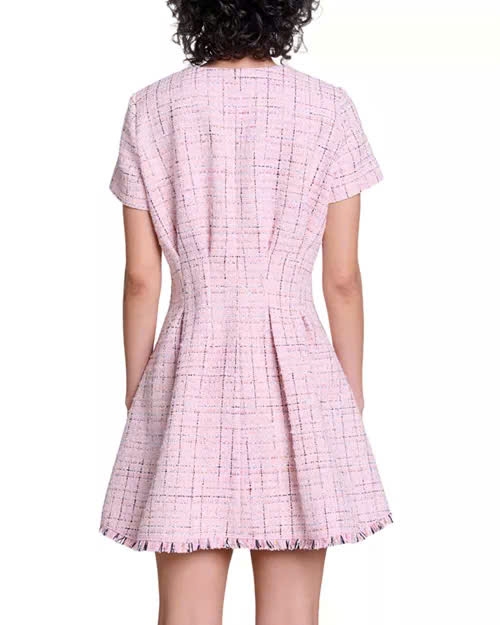 Đầm ngắn tweed ôm eo viền tua rua