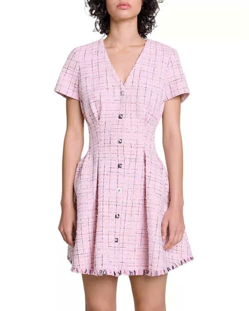Đầm ngắn tweed ôm eo viền tua rua