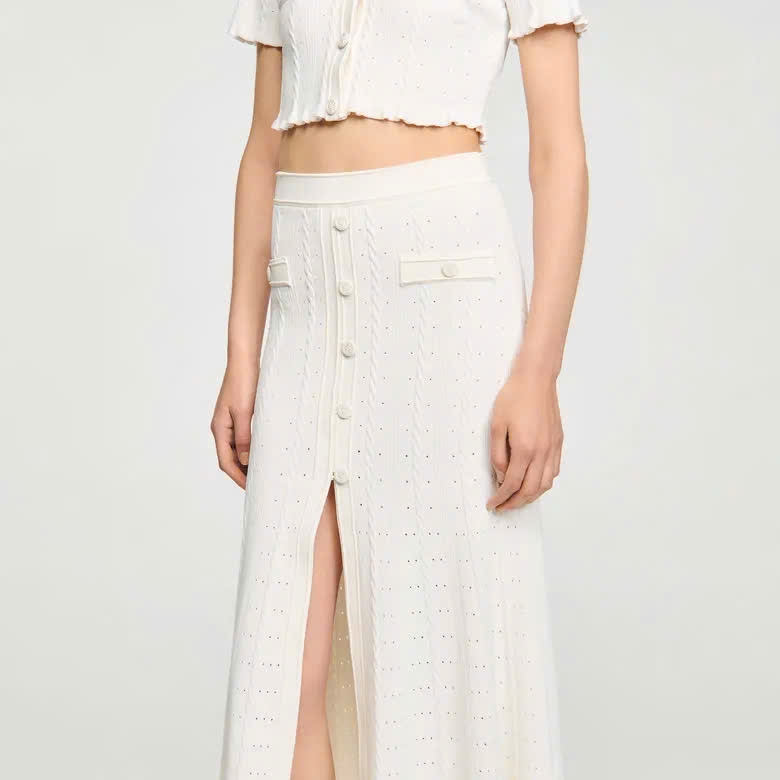Set Áo cardigan đan/Chân váy midi có đường xẻ