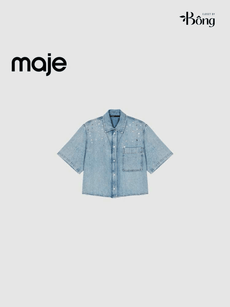 Áo denim Maje ngắn tay đính hạt bling
