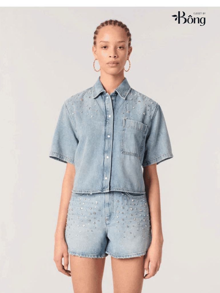Áo denim Maje ngắn tay đính hạt bling