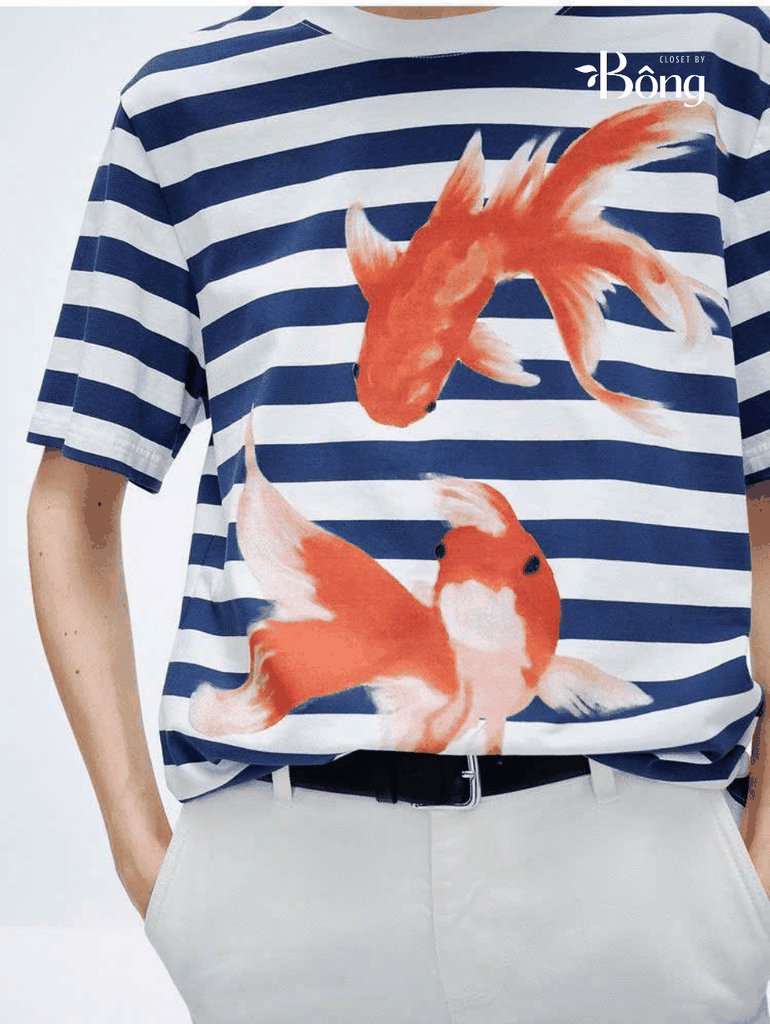 Tshirt EDITION kẻ ngang xanh hoạ tiết cá vàng