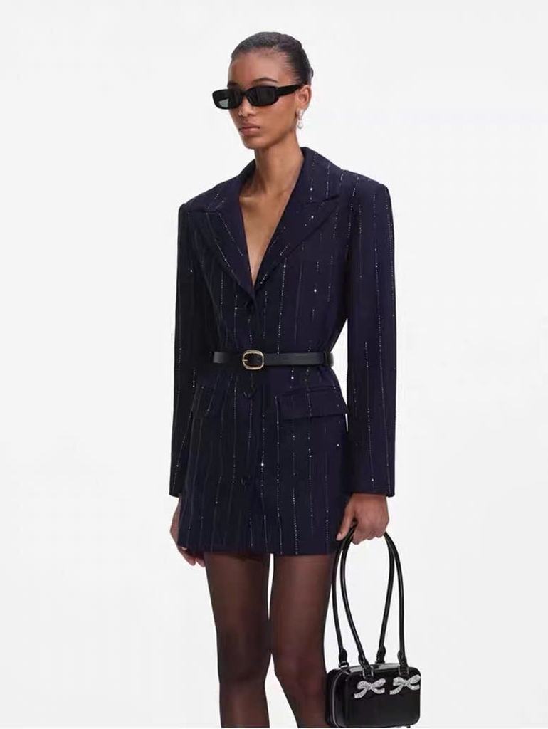 Áo khoác blazer kẻ sọc đính đá xanh navy