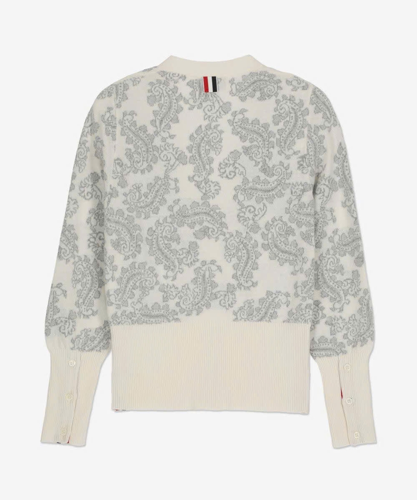 Cardigan Thom Browne họa tiết paisley xám viền kem