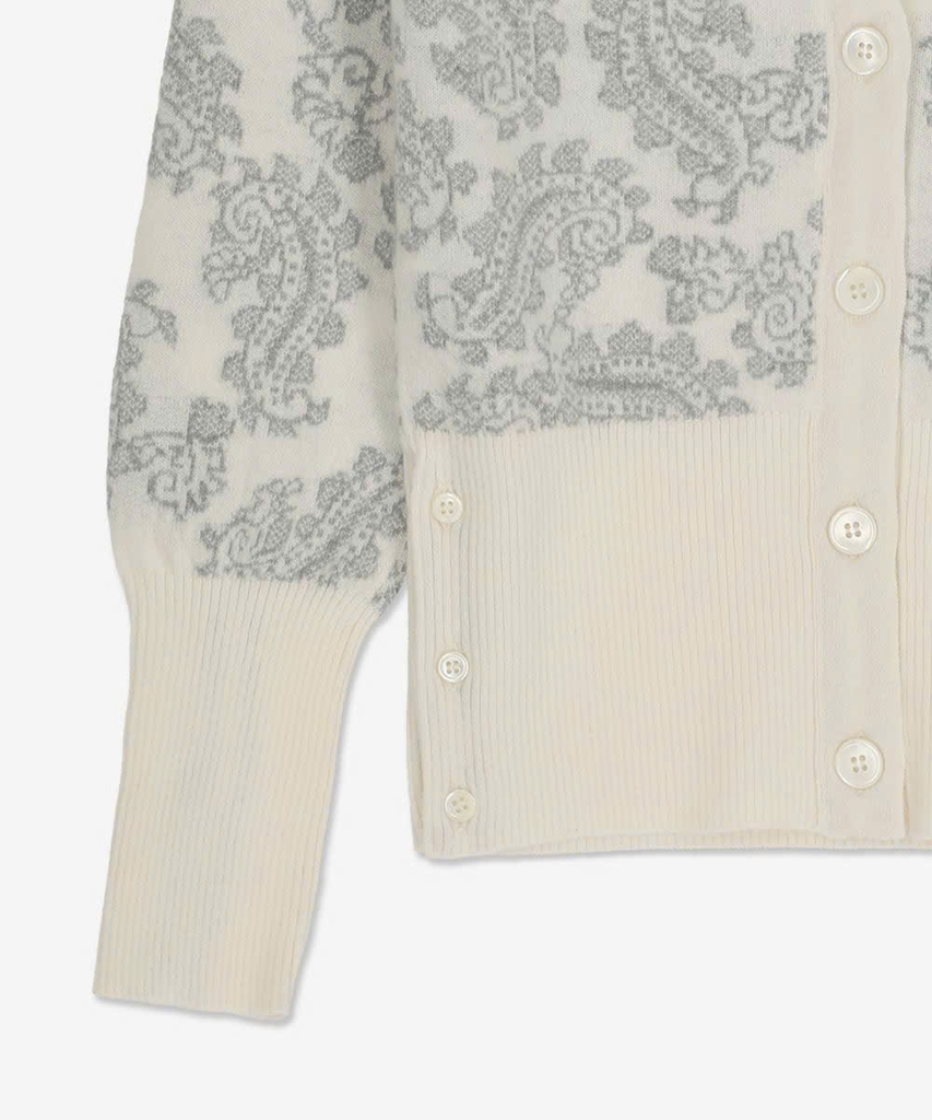 Cardigan Thom Browne họa tiết paisley xám viền kem
