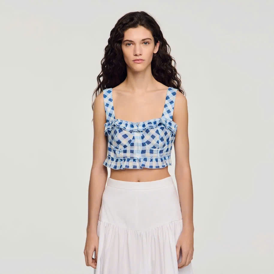 Áo croptop vải lanh kẻ caro