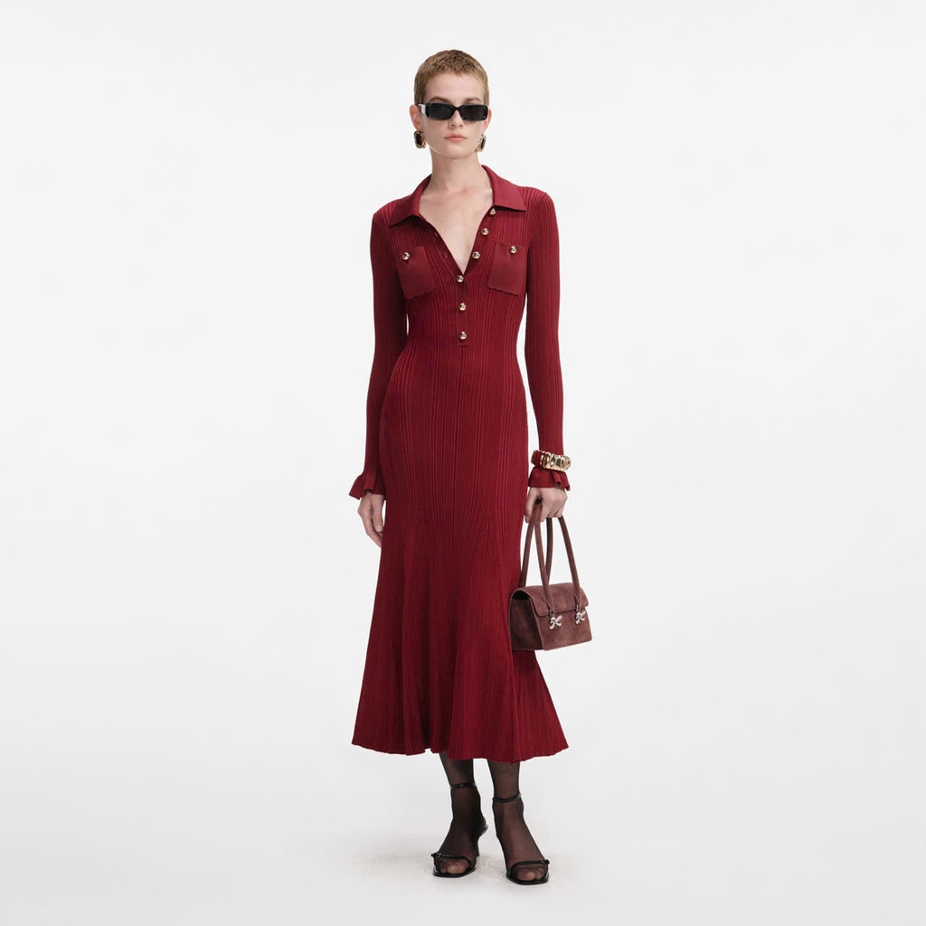 Váy MIDI dệt kim gân đỏ Burgundy