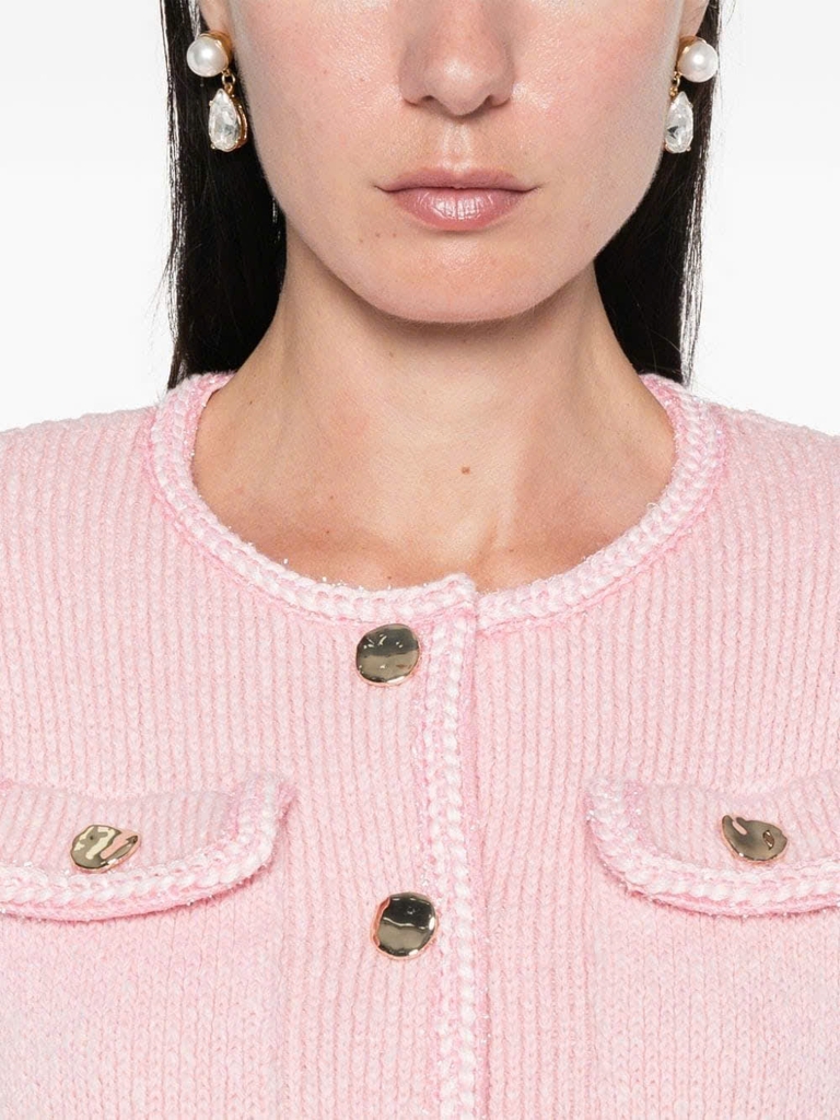 Áo khoác cardigan hiệu ứng melange/Váy ngắn đan len màu hồng dành cho nữ với chi tiết hiệu ứng vàng