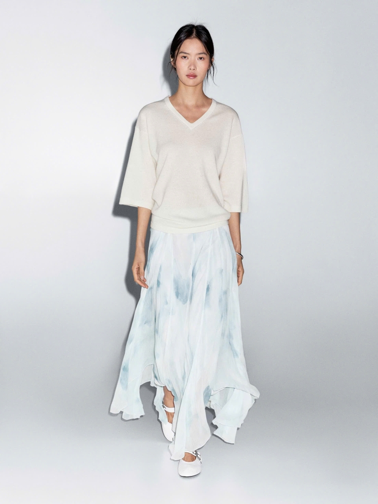 Chân váy midi Massimo Dutti voan tơ màu xanh ombre