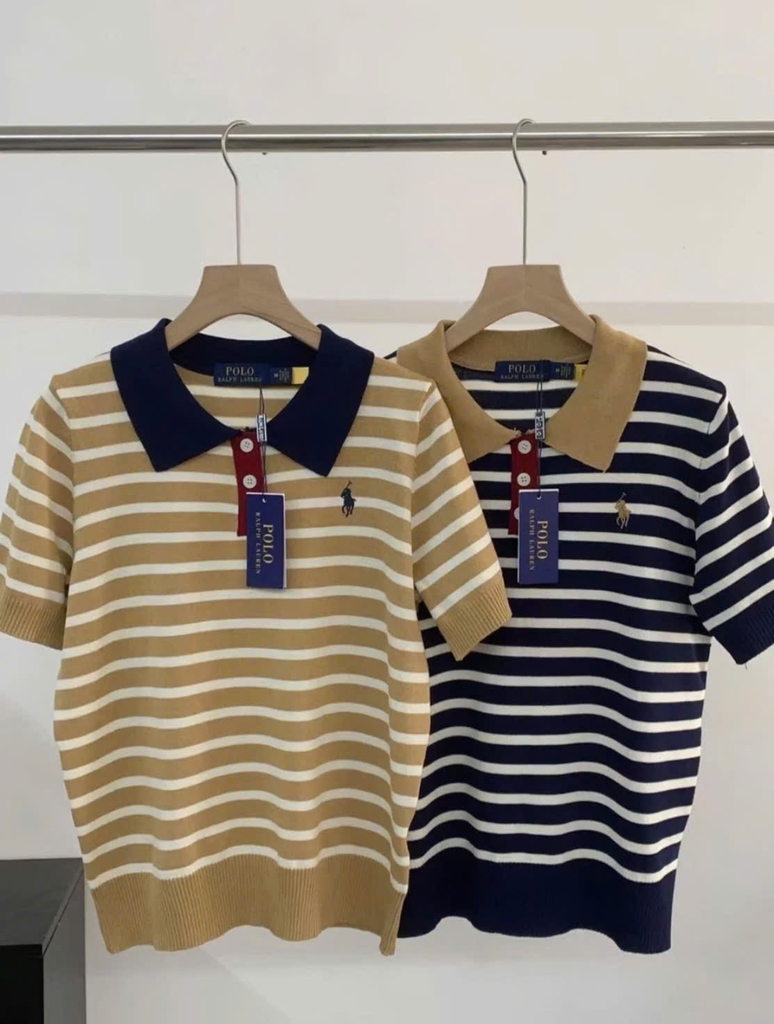 Áo kẻ ngang Polo cổ bẻ dệt kim 2 màu