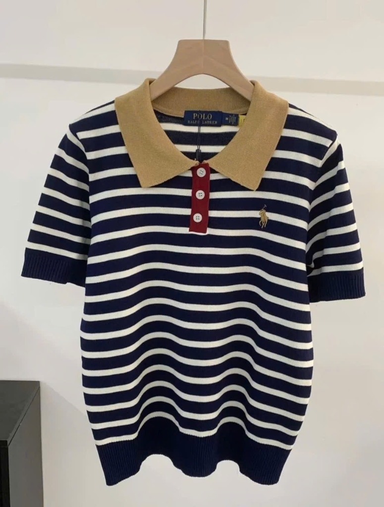 Áo kẻ ngang Polo cổ bẻ dệt kim 2 màu