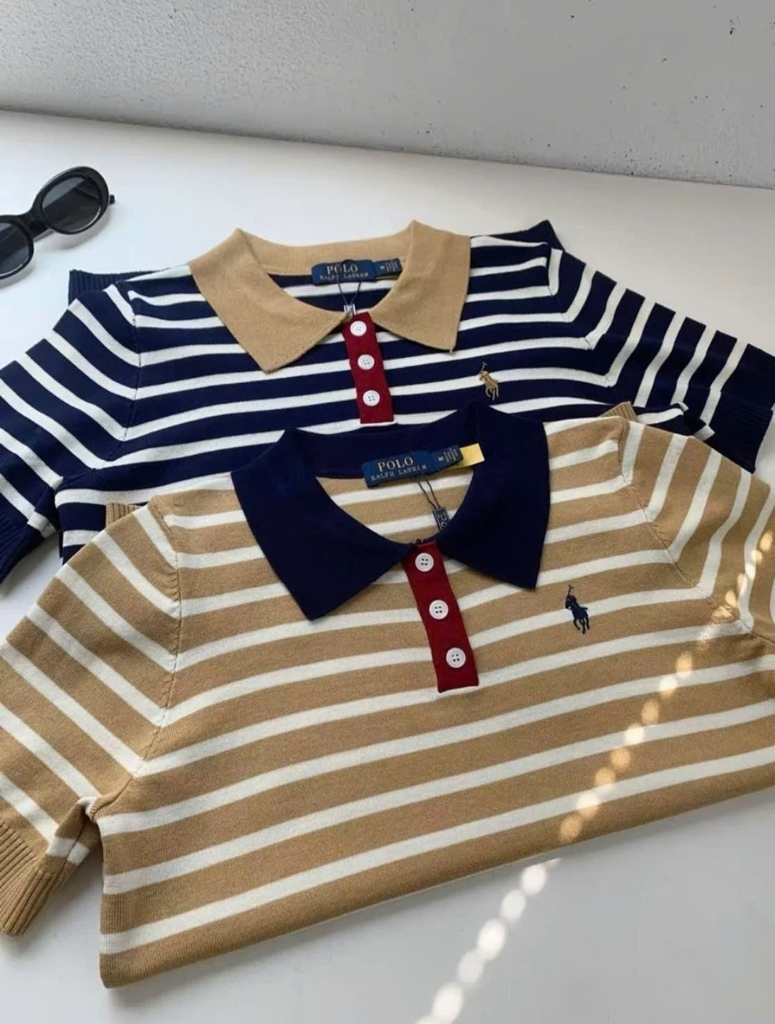 Áo kẻ ngang Polo cổ bẻ dệt kim 2 màu